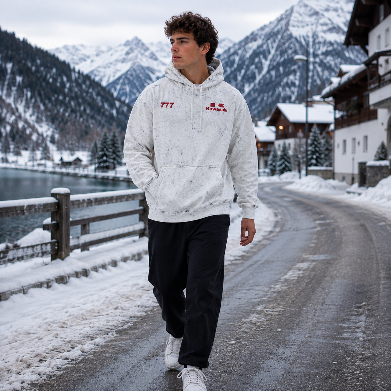 White Marble Print Graphic Pullover Hoodie