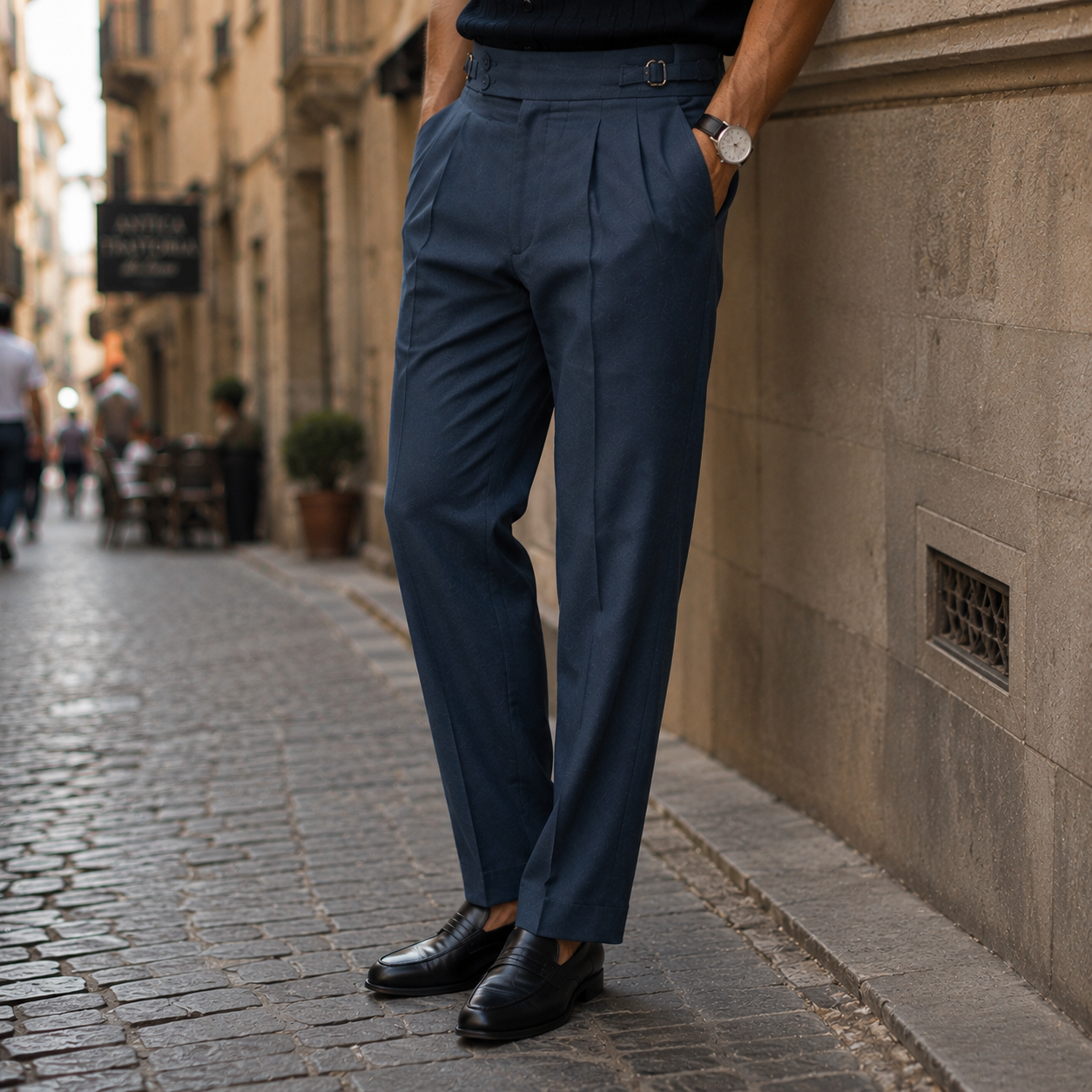 Navy Blue Pleated Gurkha Trousers