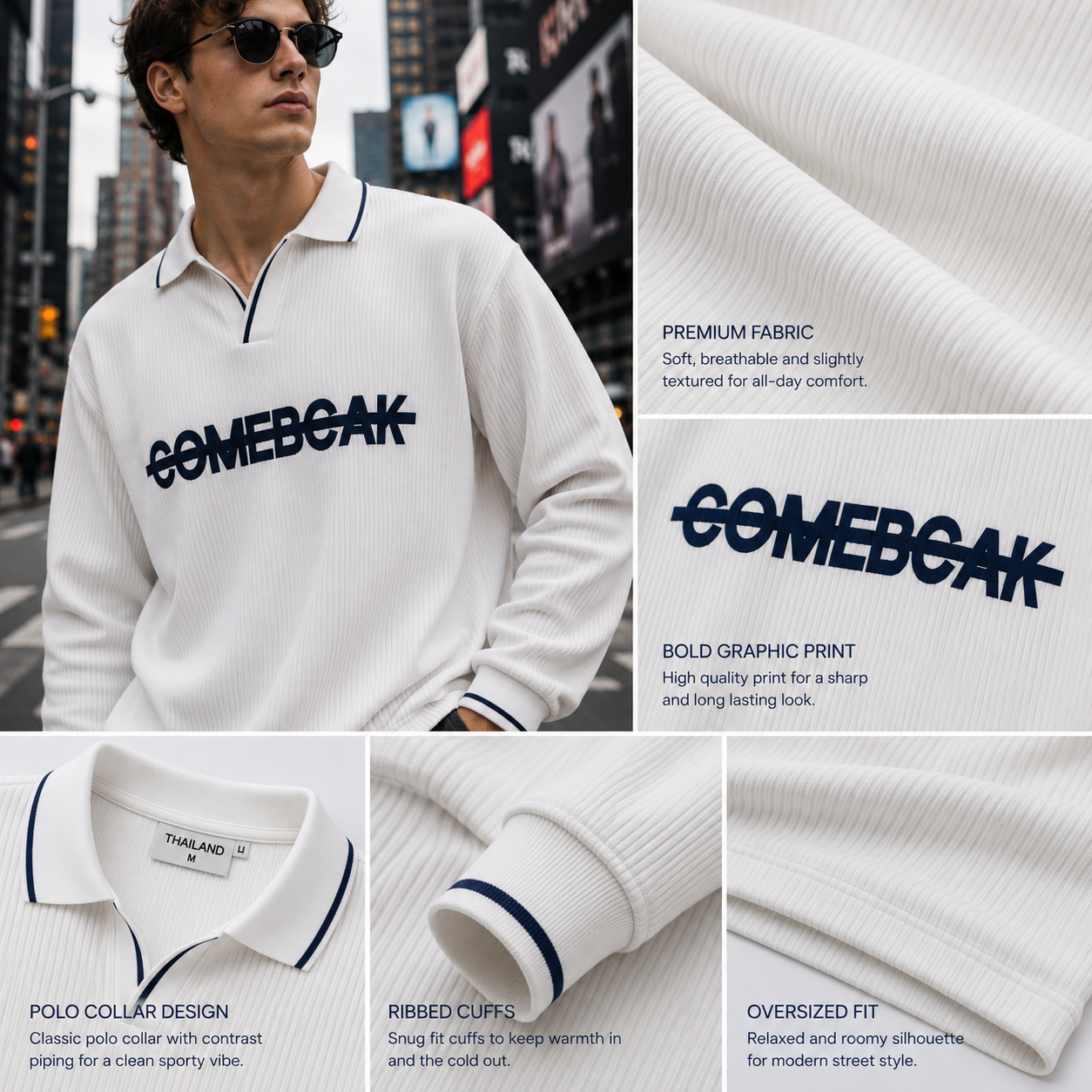 Ivory White Premium Oversized Waffle Polo Sweatshirt