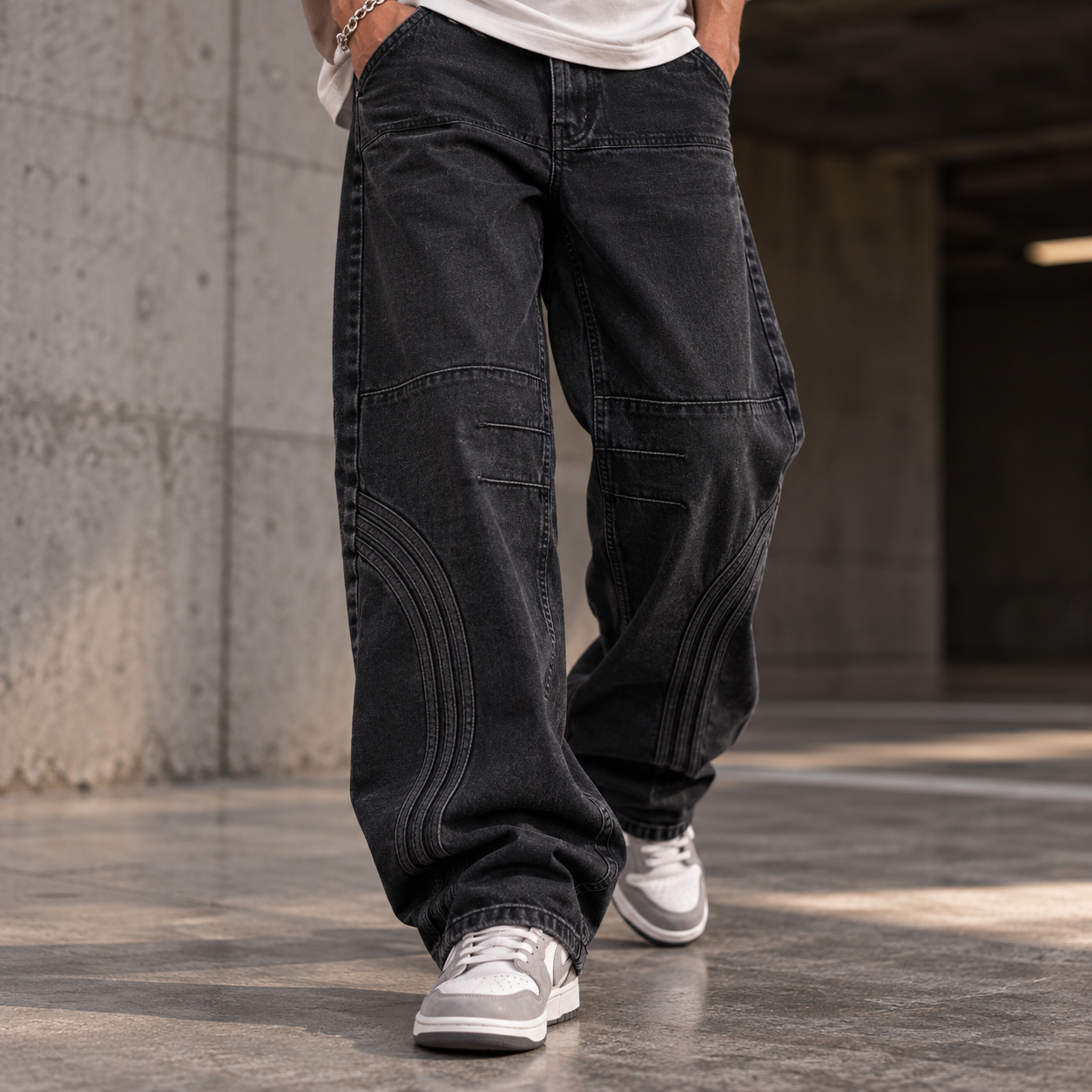 Jet Black Panelled Baggy Fit Denim Jeans