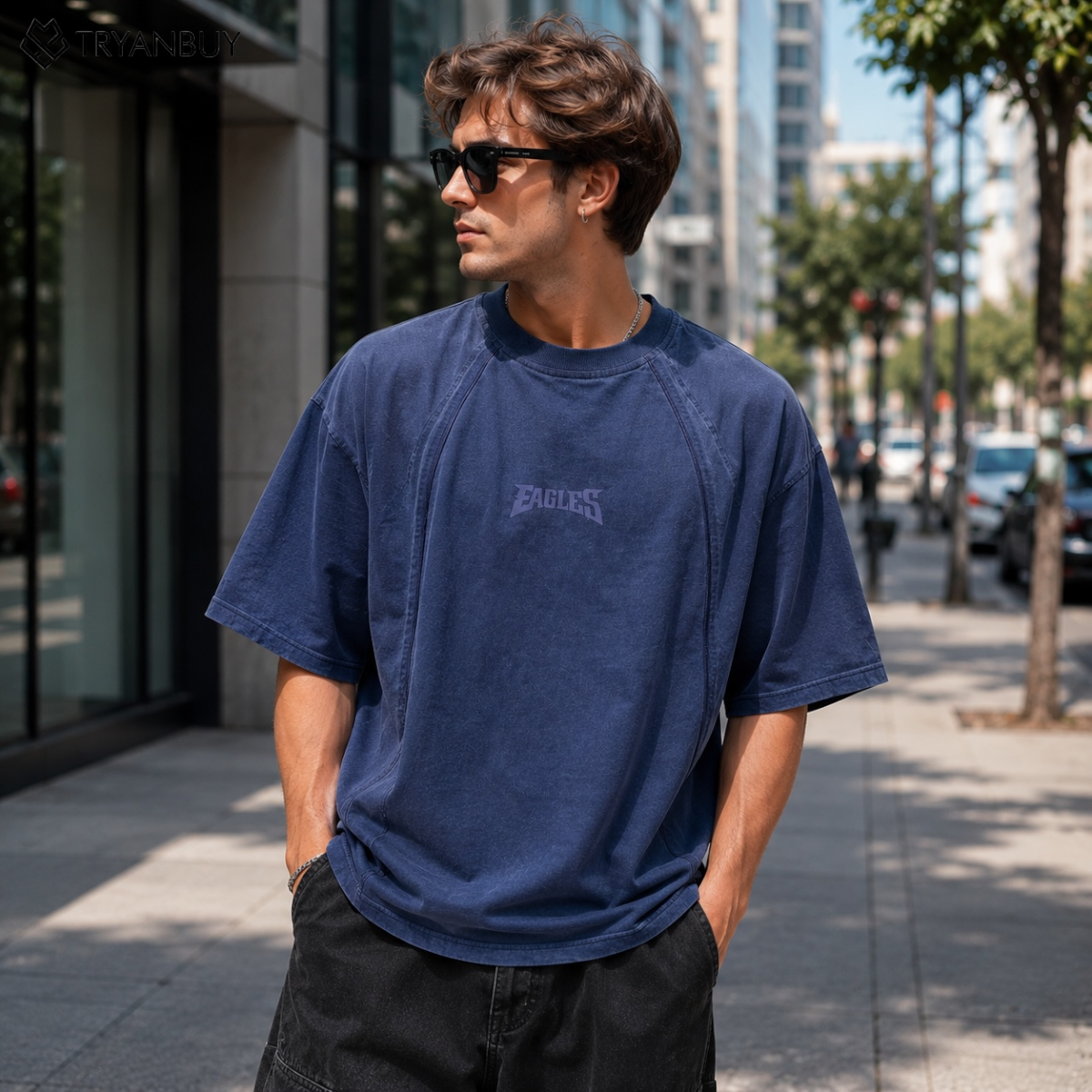 Eagles Signature Oversized Acid Wash T-Shirt – Midnight Navy
