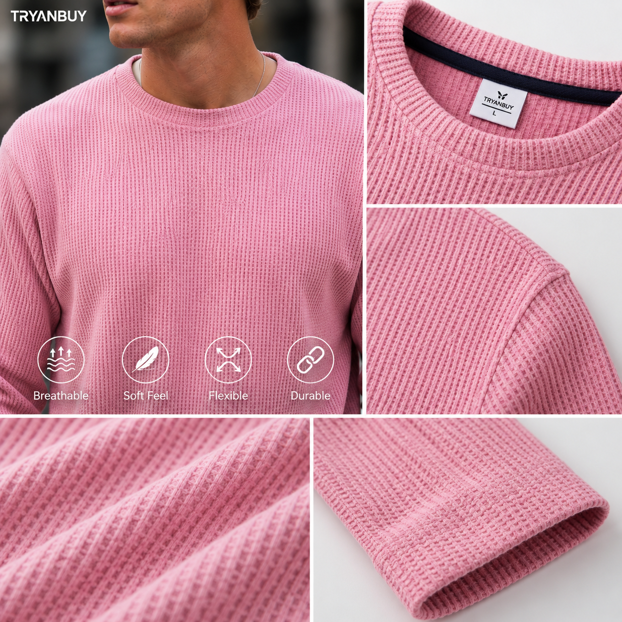 Pink Waffle Knit Crew Neck SweatShirt