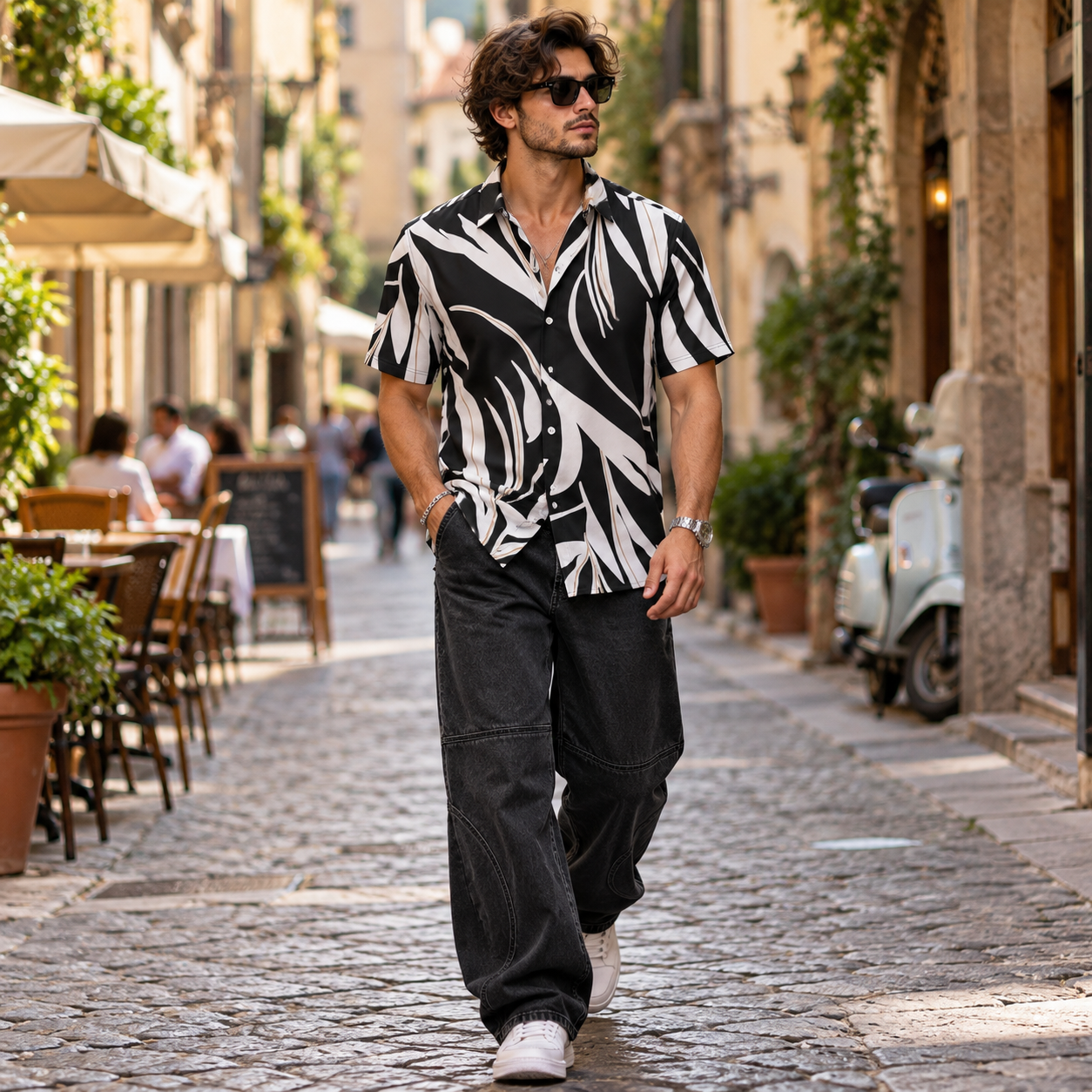 Black & White Abstract Leaf Print Shirt
