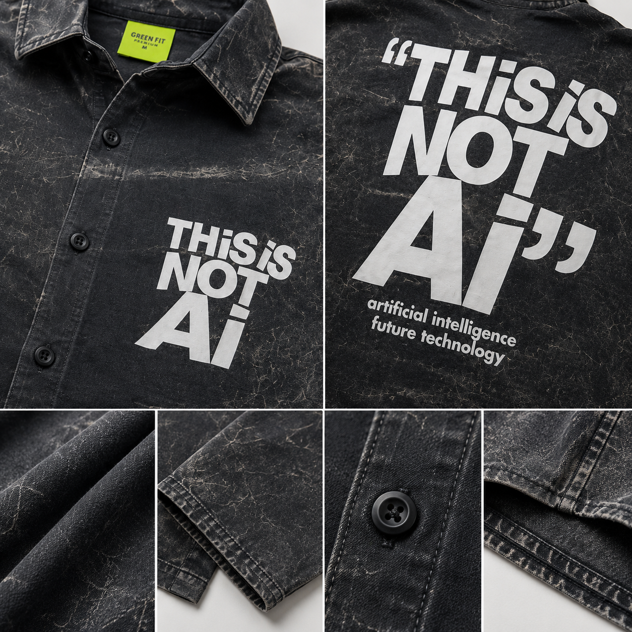 "THIS IS NOT AI" Oversized Acid Wash Printed Shirt