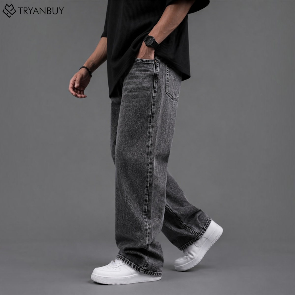 Charcoal Grey Washed Baggy Fit Denim Jeans