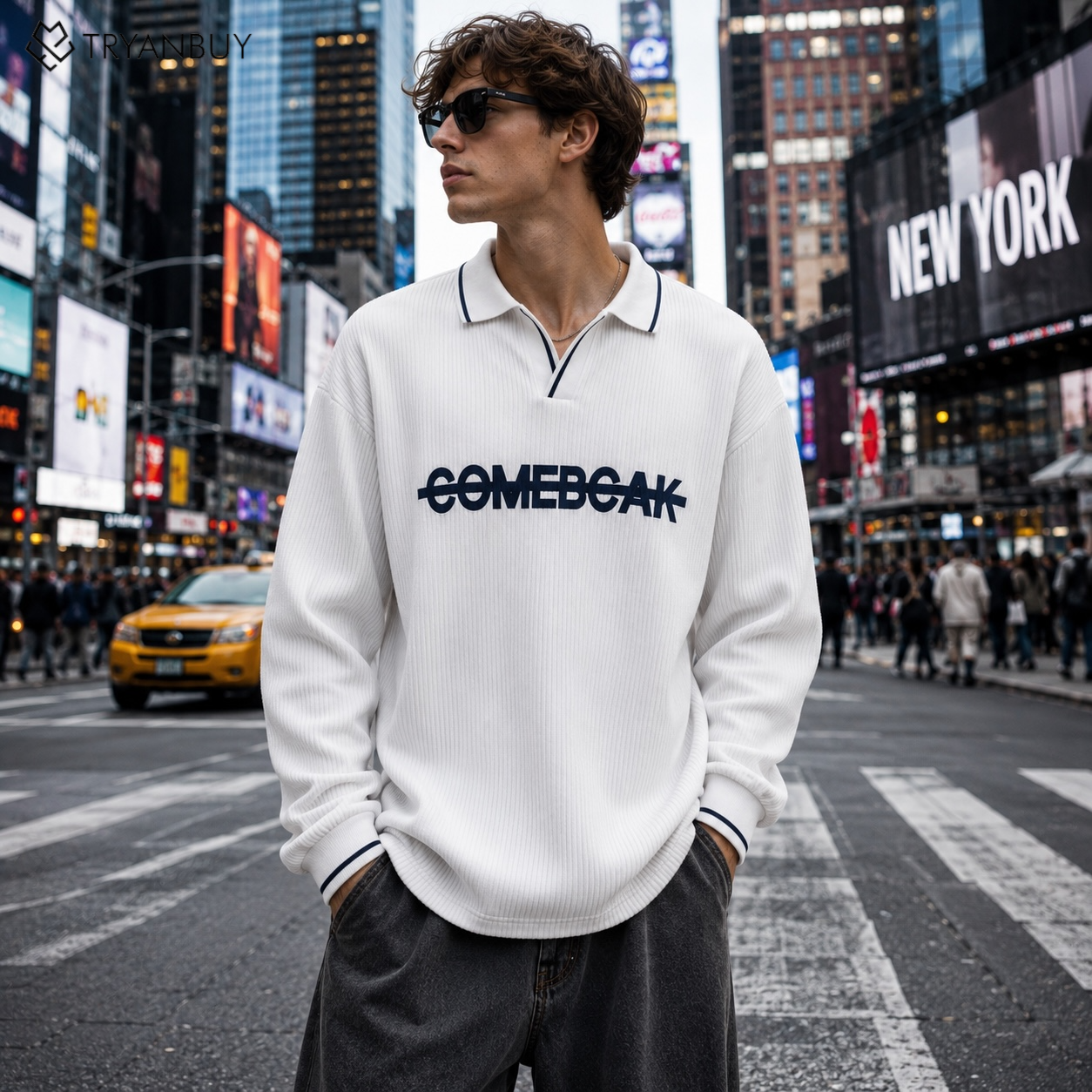 Ivory White Premium Oversized Waffle Polo Sweatshirt