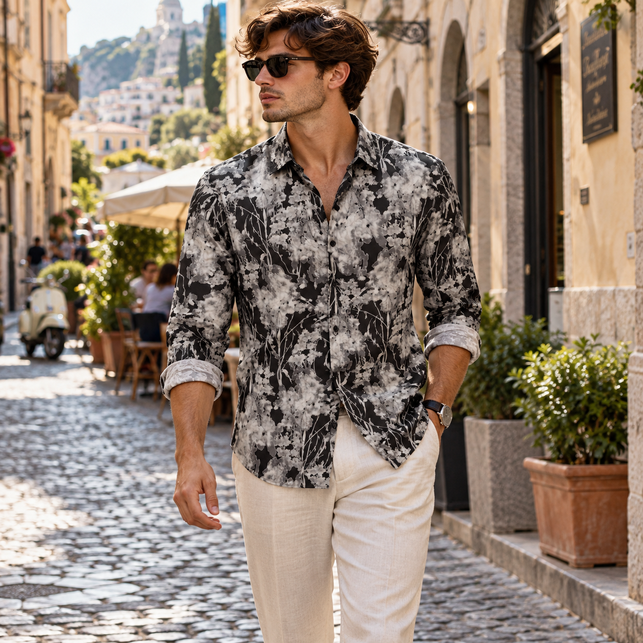 Midnight Bloom Monochrome Printed Casual Shirt