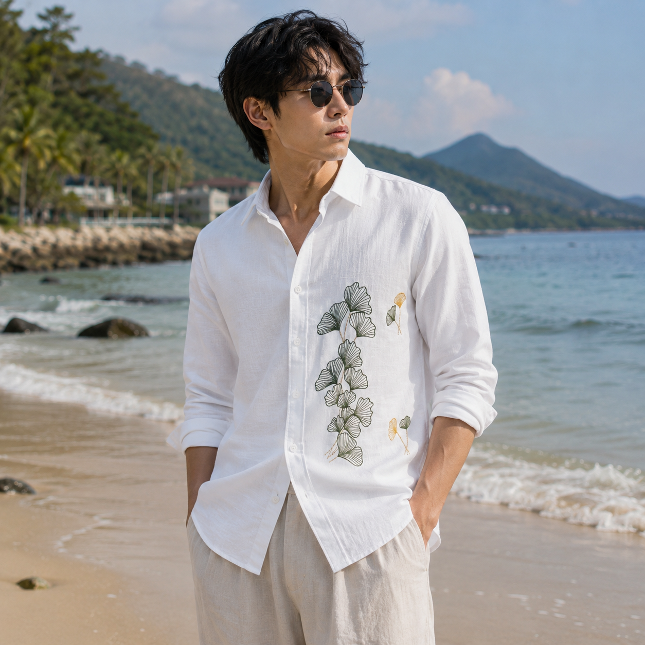 Botanical Embroidered Linen Blend  Shirt