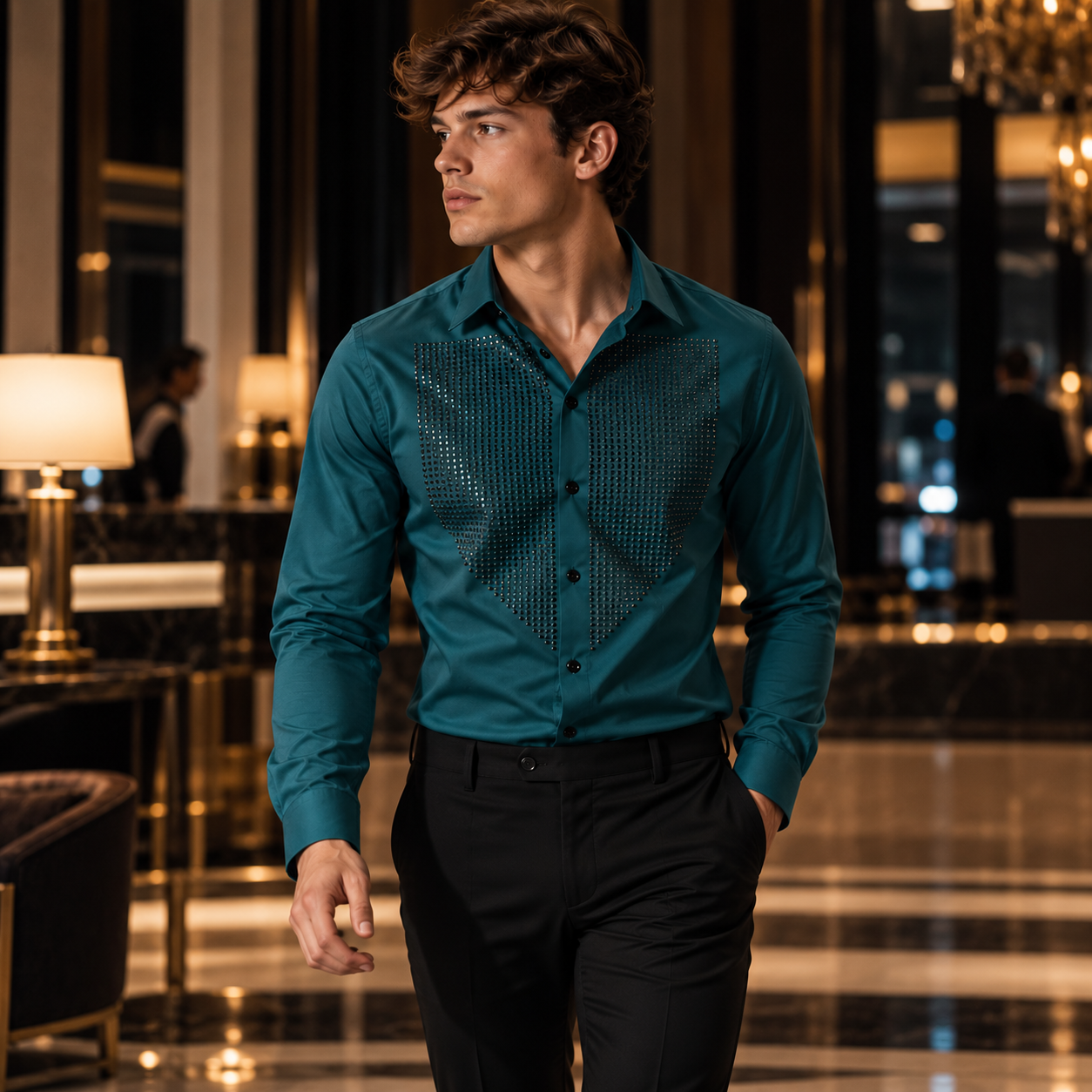 Deep Teal Blue Studded Front Panel Formal Shirt