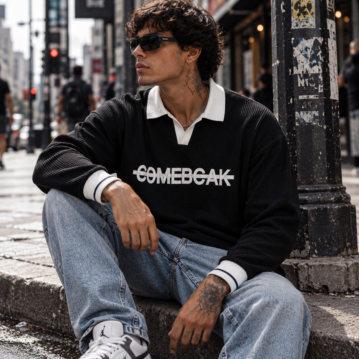Black Premium Oversized Waffle Polo Sweatshirt