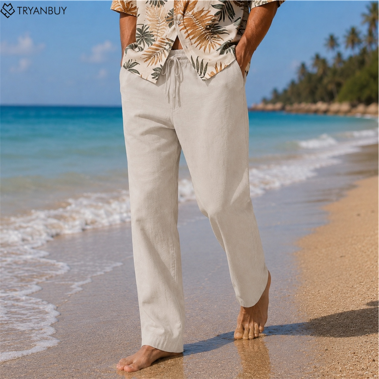 Men’s Sand Beige Relaxed Fit Drawstring Linen Pants