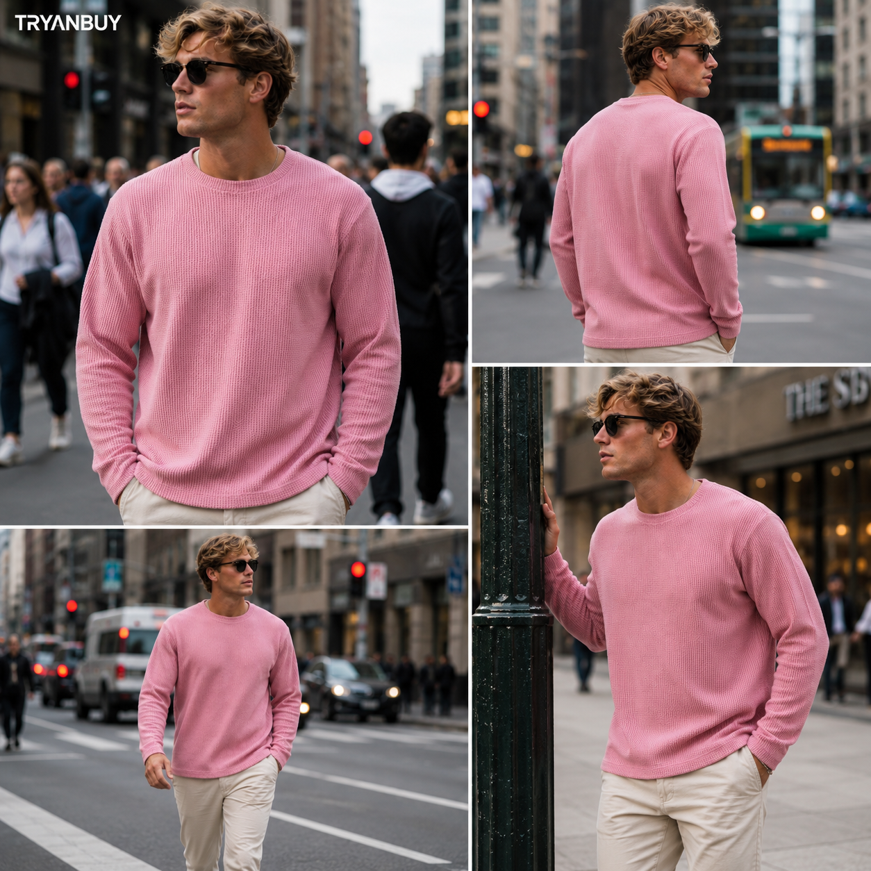 Pink Waffle Knit Crew Neck SweatShirt