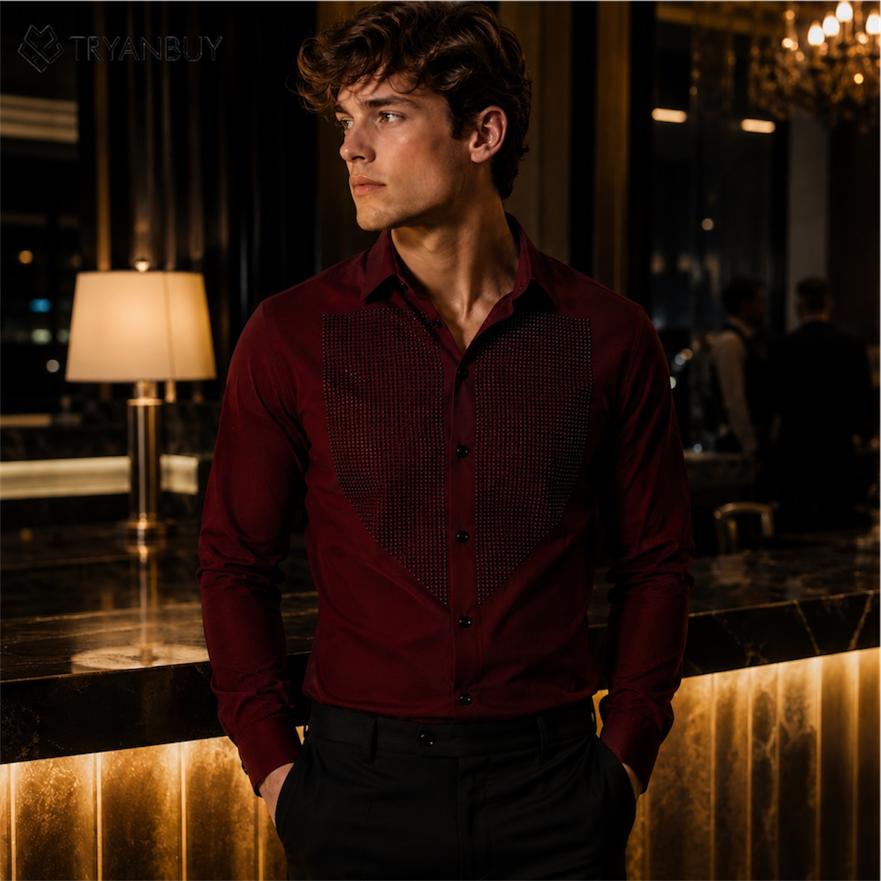 Burgundy Studded Front Panel Premium Shirt