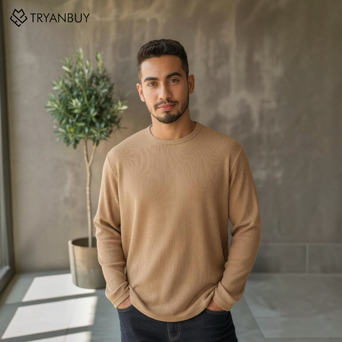Rib Knit Crewneck Sweatshirt – Sand Beige