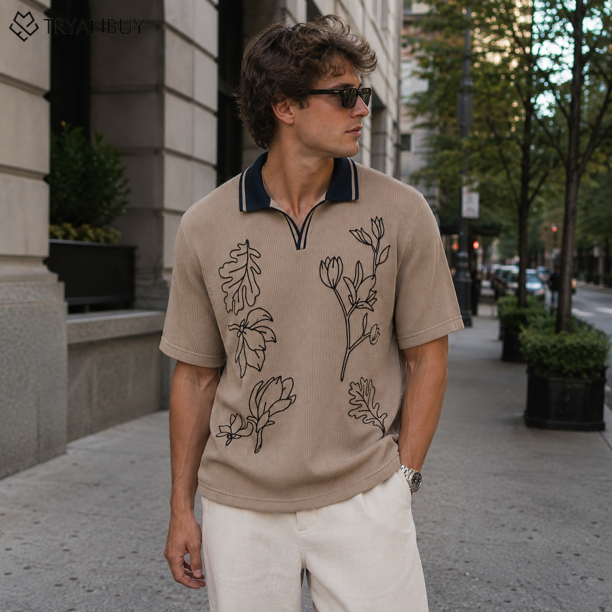 Cotton Textured Rib Knit Polo T-Shirt - Choco brown