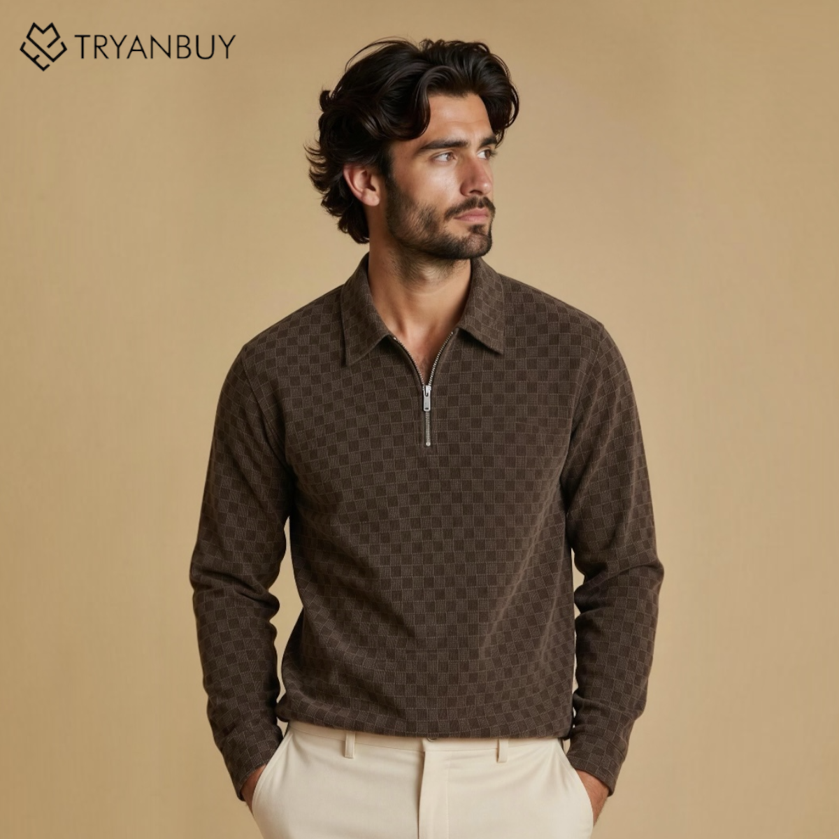 Mocha Textured Quarter Zip Sweatshirt