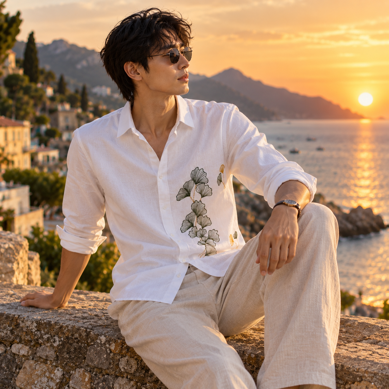 Botanical Embroidered Linen Blend  Shirt