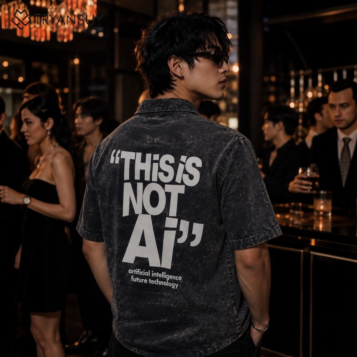 "THIS IS NOT AI" Oversized Acid Wash Printed Shirt