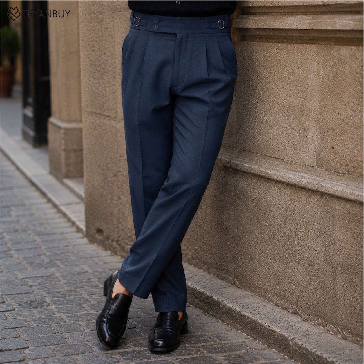 Navy Blue Pleated Gurkha Trousers
