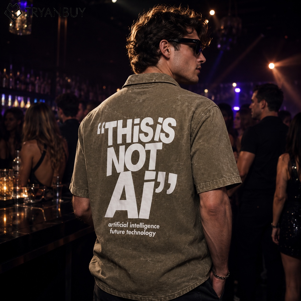 "THIS IS NOT AI" Oversized Acid Wash Printed Shirt