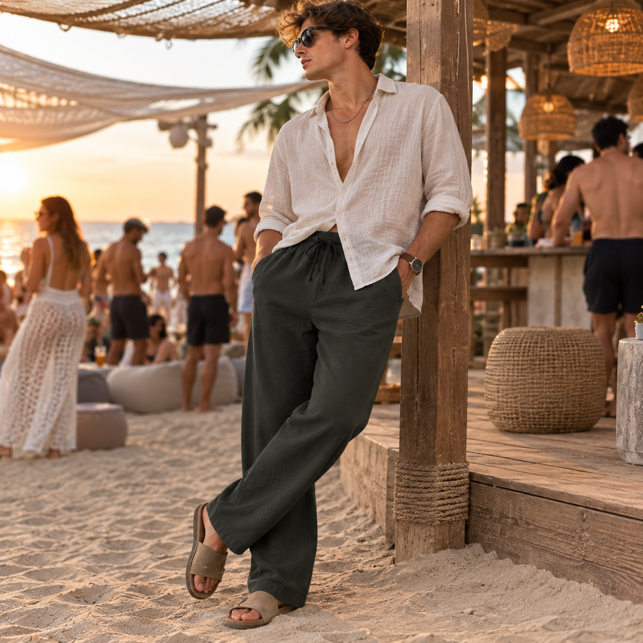 Dark Olive Relaxed Fit Drawstring Linen Pants