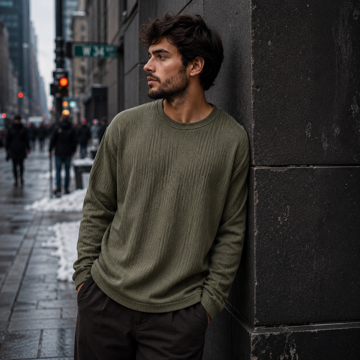 Urban Rib Knit Crewneck Sweater – Olive Green
