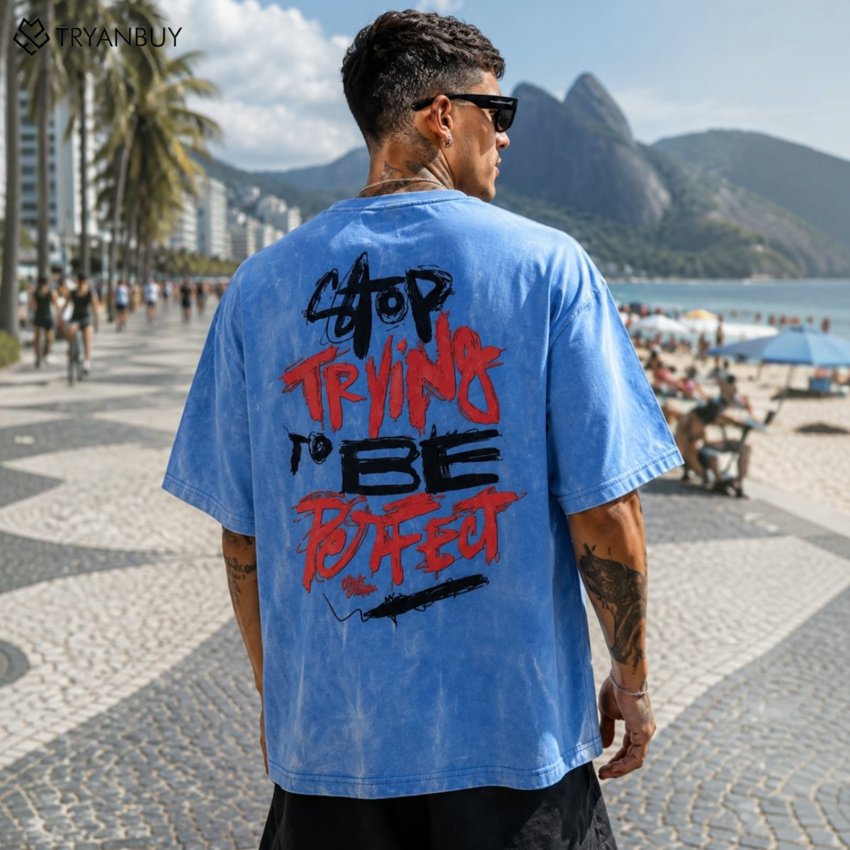 Sky Blue Acid Wash Oversized Graphic T-Shirt