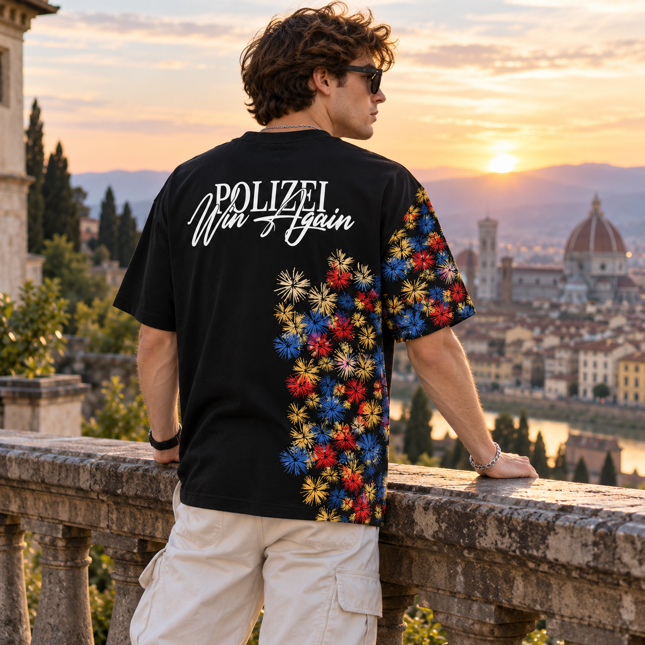 Polizei Win  Floral Sleeve Oversized T-Shirt