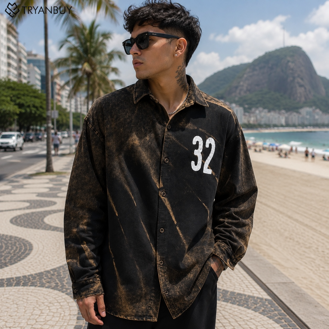 Vintage Acid Wash Oversized Shirt – Mocha Black