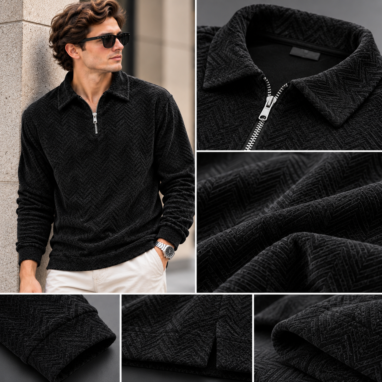 Chevron Textured Quarter-Zip Pullover – Black