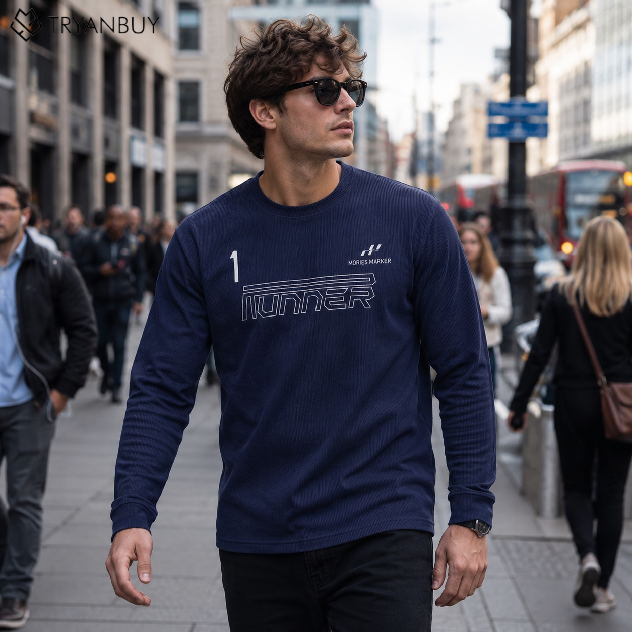 Urban Rib Knit Graphic Sweatshirt – Navy Blue
