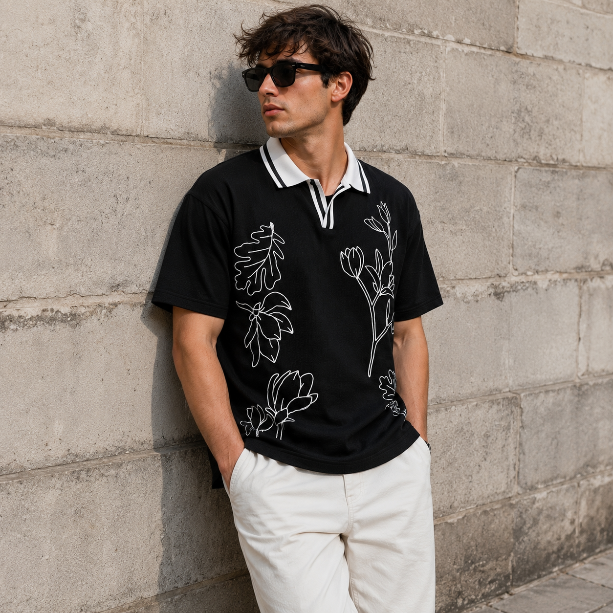 Cotton Textured Rib Knit Polo T-Shirt - Black