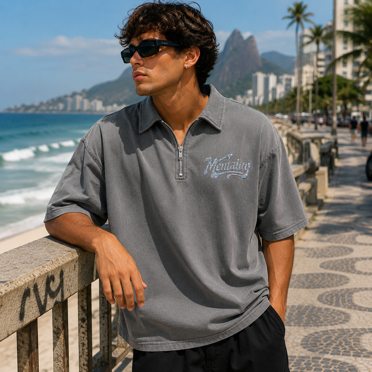 Vintage Wash Quarter-Zip Oversized Polo T-Shirt