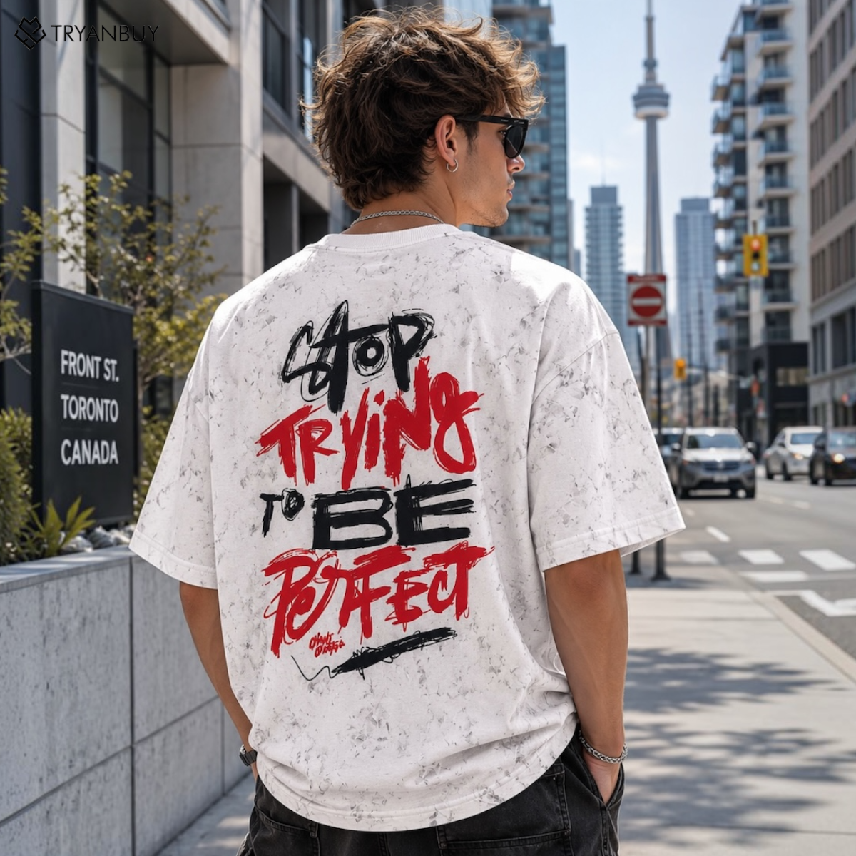 White Marble Wash Graphic Oversized  T-Shirt