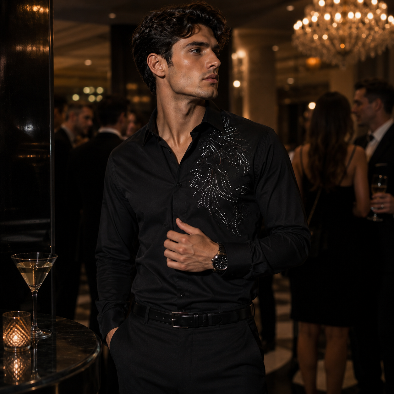 Black Rhinestone Embellished Premium Party Shirt