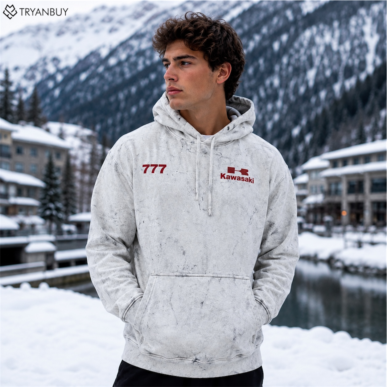 White Marble Print Graphic Pullover Hoodie