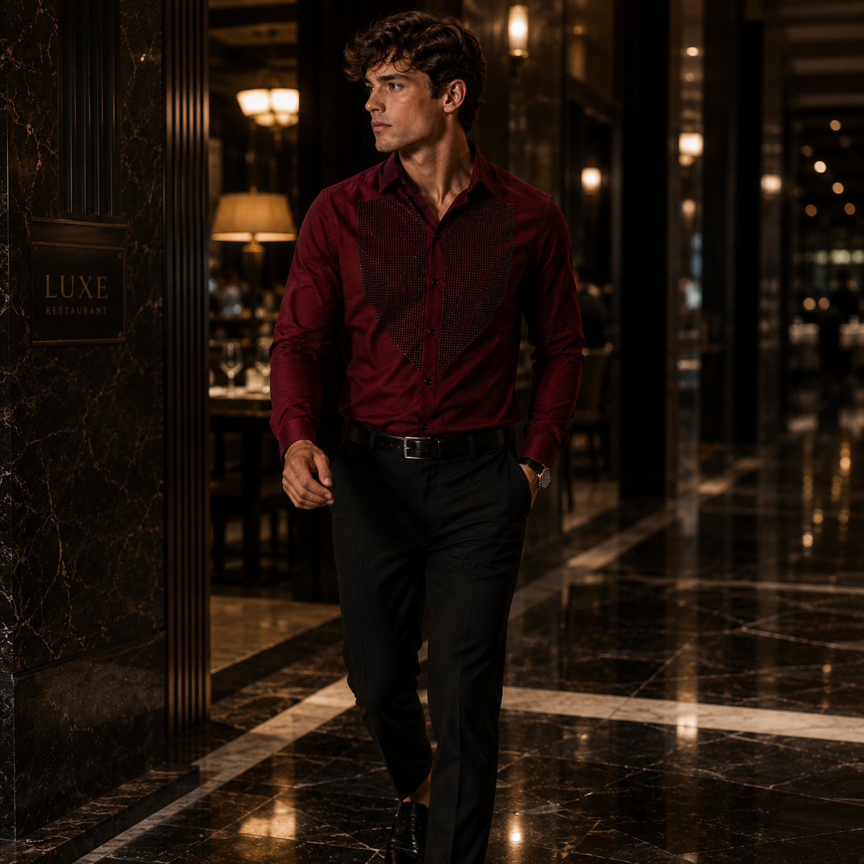 Burgundy Studded Front Panel Premium Shirt