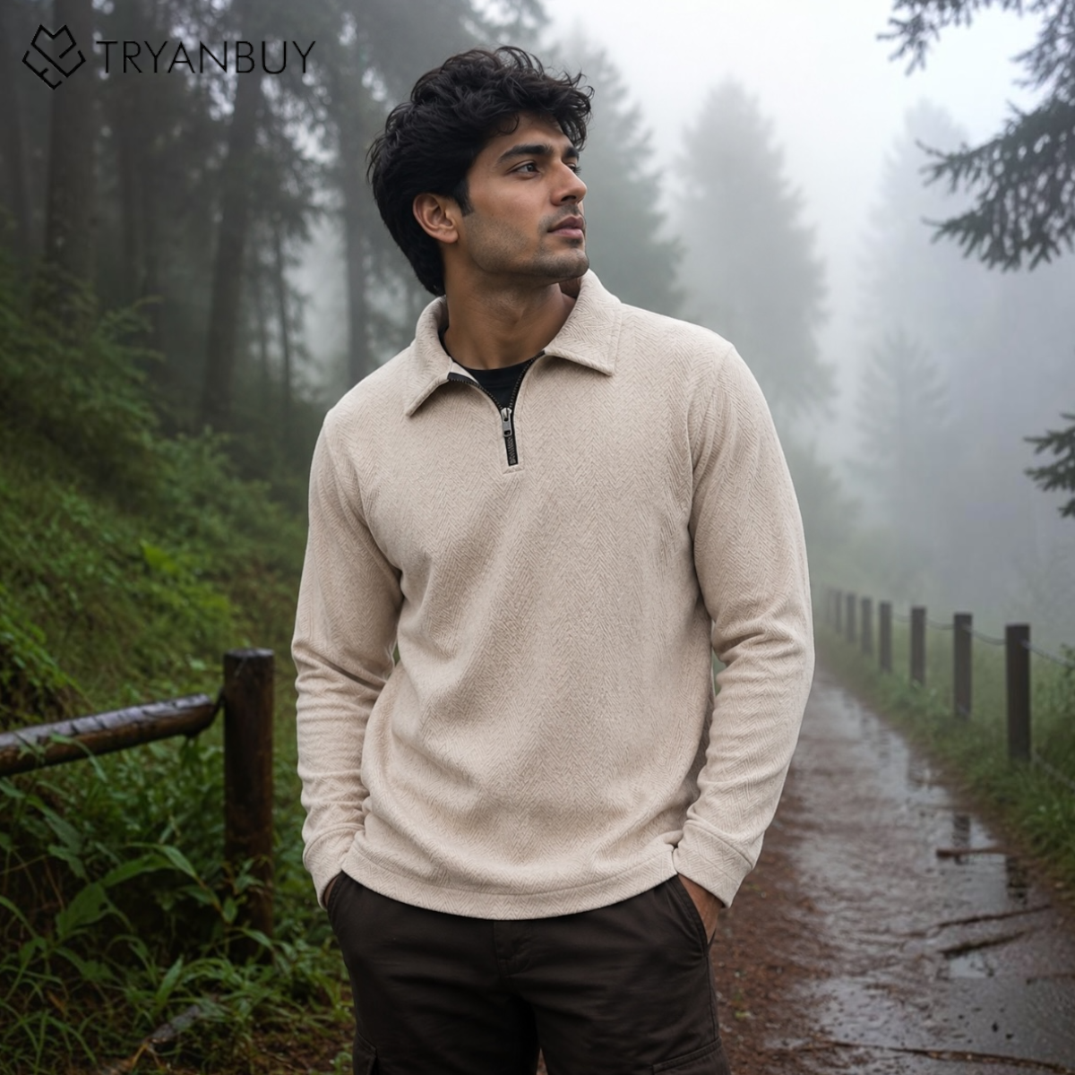 Nordic Beige Textured Quarter-Zip Sweatshirt