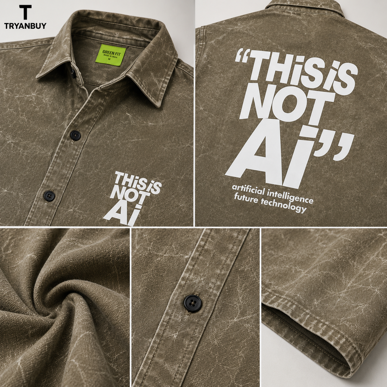 "THIS IS NOT AI" Oversized Acid Wash Printed Shirt
